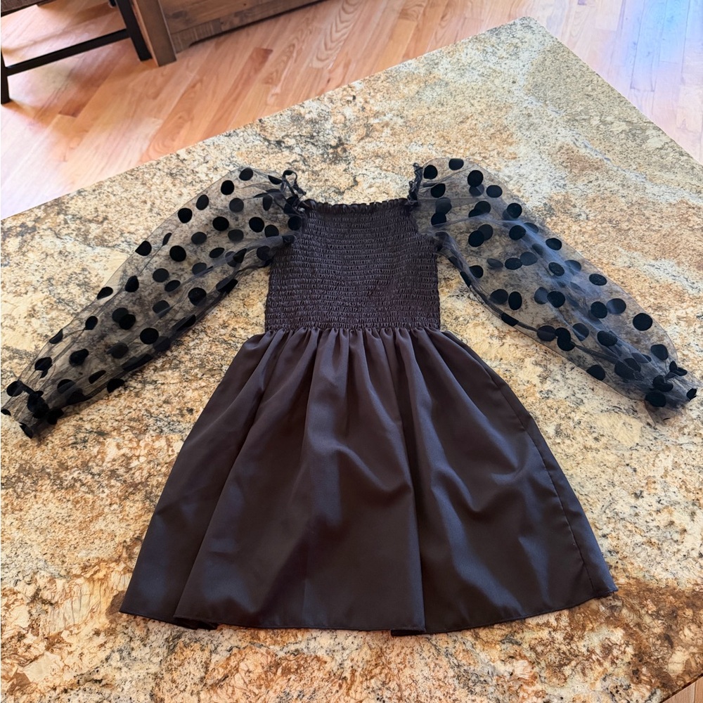 Girls Black Smocked Dress with Polka Dot Puff Sleeves